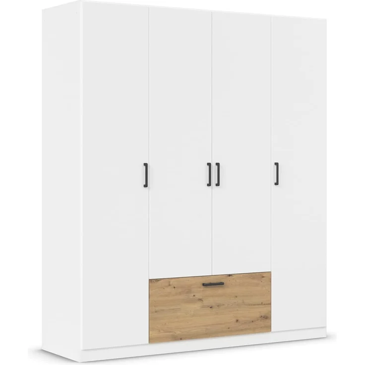 Rauch Möbel Bari, Drehtürenschrank, 4-türig, Kleiderschrank Weiß/Eiche Artisan, 1 Schublade, 181 x 210 x 54 cm