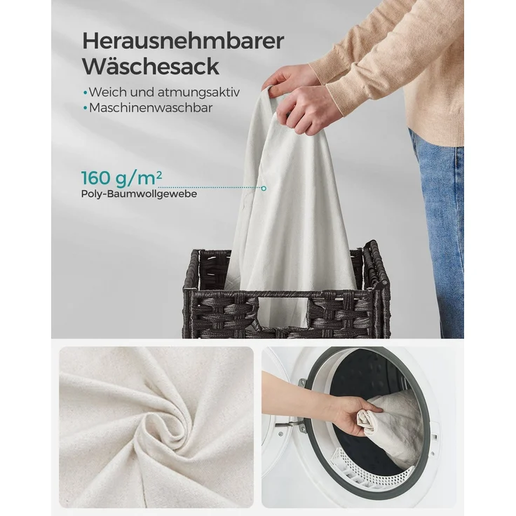 Songmics Wäschekorb handgeflochten, Rattan Schwarz, 90L 46 x 33 x 60 cm – Bild 4