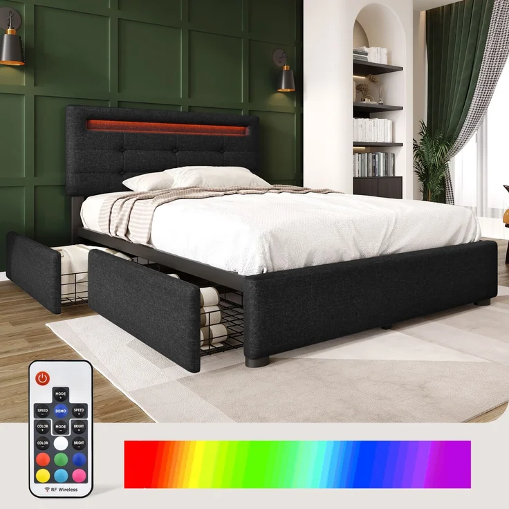 Einzelbett 90 × 200 cm mit LED-Beleuchtung, verstellbarem Kopfteil, 2 Schubladen, Leinenbezug in Schwarz, modernes Design – Bild 1