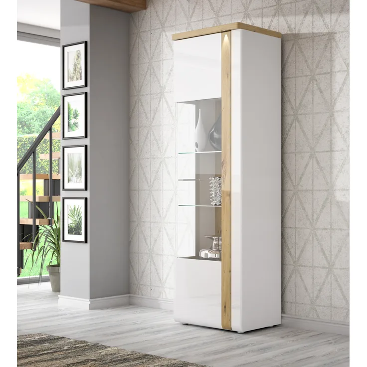 FORTE Tuluza Vitrine mit LED Beleuchtung, Holzwerkstoff, Weiß/Braun, 66,5 x 196 x 43,4 cm