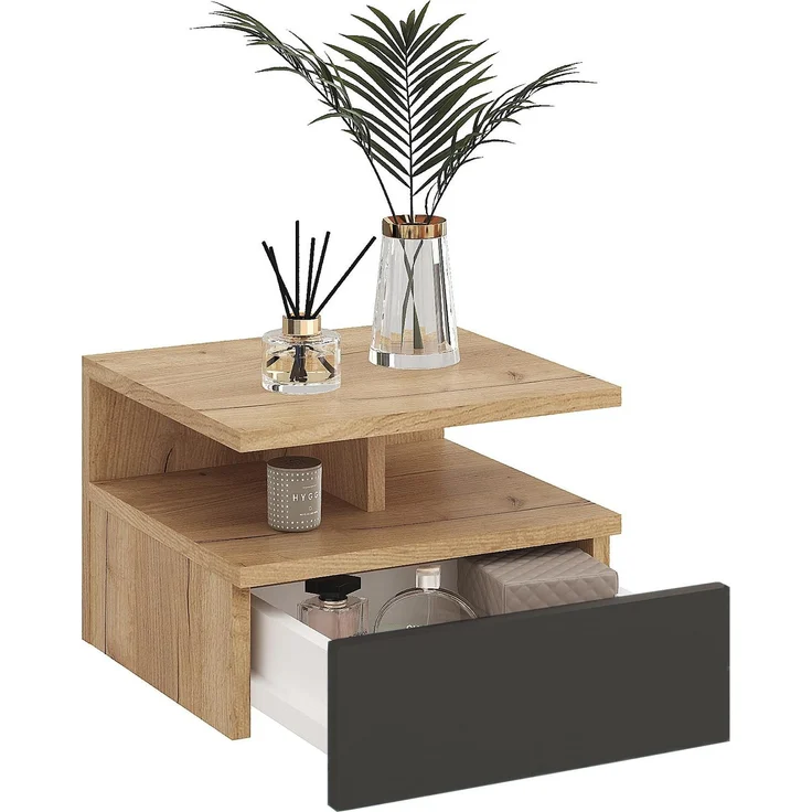 KOMTO Nachttisch Hängend mit Ablage, Wandregal mit Schublade | Nachttisch Eiche Gold / Anthrazit, Nachtschrank Hängend, 35,4 × 32,2 × 24,6 cm