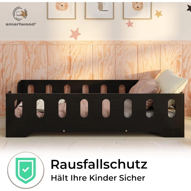 smartwood Kinderbett Bodenbett 90x190 mit Rausfallschutz & Lattenrost - Schwarz - Kinder Montessori Bett TILA 2B mit glatten Kanten - Betten für schnelle Montage - Bis 230 kg belastbar – Bild 5