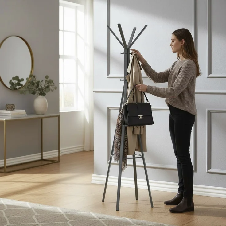 Haku Garderobenständer mit 12 Metallhaken, grau pulverbeschichtetes Stahlrohr, modernes freistehendes Design, H 175 cm, Ø 54 cm – Bild 5
