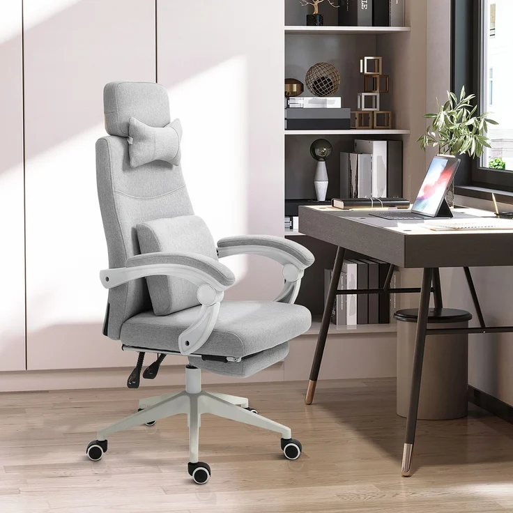 Ergonomischer Bürostuhl, Schreibtischstuhl mit Rollen, Lendenkissen, Kopfstütze und ausziehbarer Fußstütze, grau 62 x 68 x 117–127 cm – Bild 3