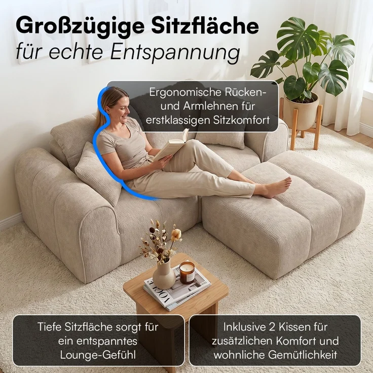 skølm 'Vanaheim' Sofa 2 Sitzer mit Hocker & 2 Kissen, Cloud Sofa beige, Chenille-Stoff, Vollschaumcouch mit Federkern und Vakuum-Kompression, kein Aufbau erforderlich – Bild 7