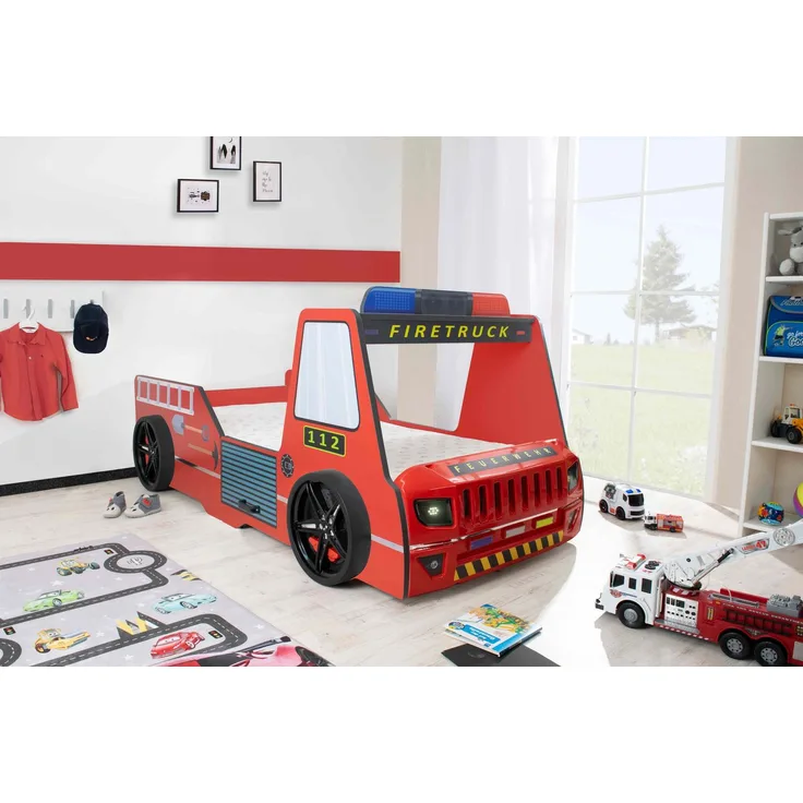 Autobett Kinderbett 90x200 Feuerwehrbett "Rio Firetruck" Hochglanz mit LED Leuchte Rot