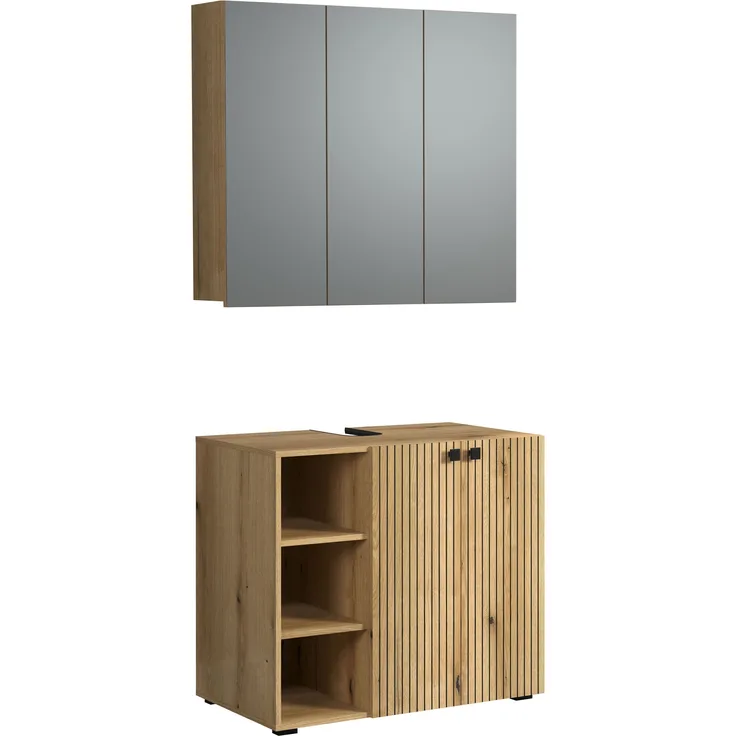 trendteam smart living - PureBliss - Badmöbel-Set Waschbeckenunterschrank + Spiegelschrank - Evoke Eiche - Rillenoptik - (BxHxT) 90 x 186 x 53 cm - Badezimmermöbel mit edlen Metallgriffen