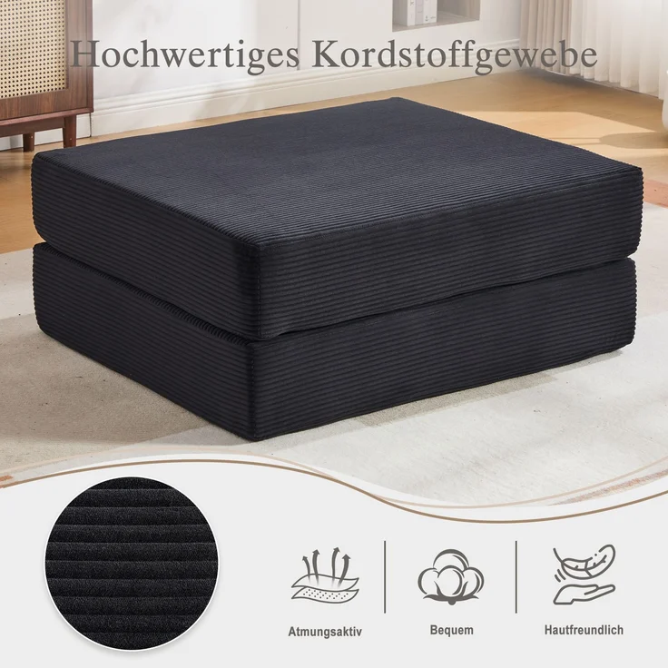 Cord-Kompressionshocker – weich, hautfreundlich, 2 dicke Schaumstoffblöcke für hohen Sitzkomfort, Ausklappbar zum Einzelsessel – platzsparend, vielseitig, frei kombinierbar – ideal für jeden Raum.--Schwarz--109x95x43cm--YOUDENOVA – Bild 5
