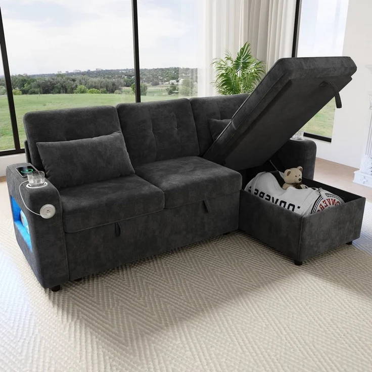 Merax Ecksofa mit LED‑Beleuchtung & USB, L-förmiges Sofa mit Schlaffunktion, multifunktionales Schlafsofa aus Chenille, für Wohnzimmer/Schlafzimmer 1 Teile, 3-Sitzer-Sofa mit Getränkehalter, Seitentaschen & verdeckten Stauraum – Bild 2