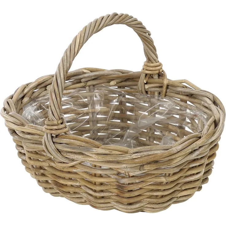 Dehner Rattan Pflanzkorb mit Henkel, ca. 36 x 28 x 14 cm, Rattangeflecht, grau/braun