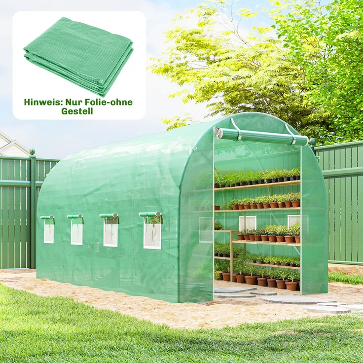 MELAYR, Gewächshausfolie 4 x 2 m, wasserdicht Gartenfolie mit Tür, 8 Fenster, UV Schutz, Grün – Bild 4