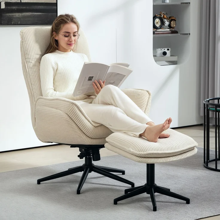 MELAYR, Drehbarer Polstersessel mit Fußhocker, Moderner Recliner-Sessel für Wohnzimmer, 83 x 72 x 107 cm, Beige – Bild 3