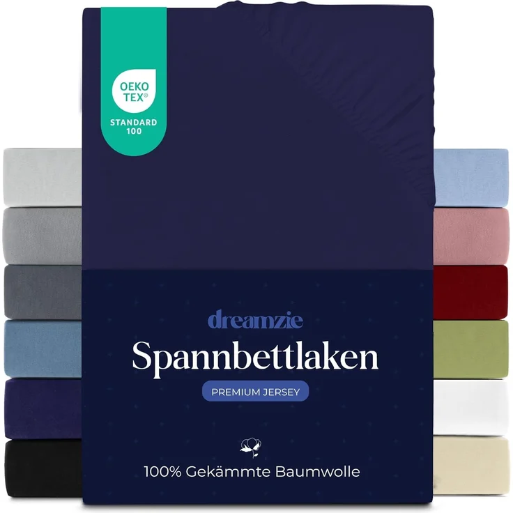 Dreamzie Premium Spannbettlaken 80x160 cm, Spannbetttuch für Dicke Matratzen bis zu 12 cm, Bettlaken 100% Jersey Baumwolle, 150 g/m², Oeko-TEX Zertifiziert - Dunkelblau – Bild 1
