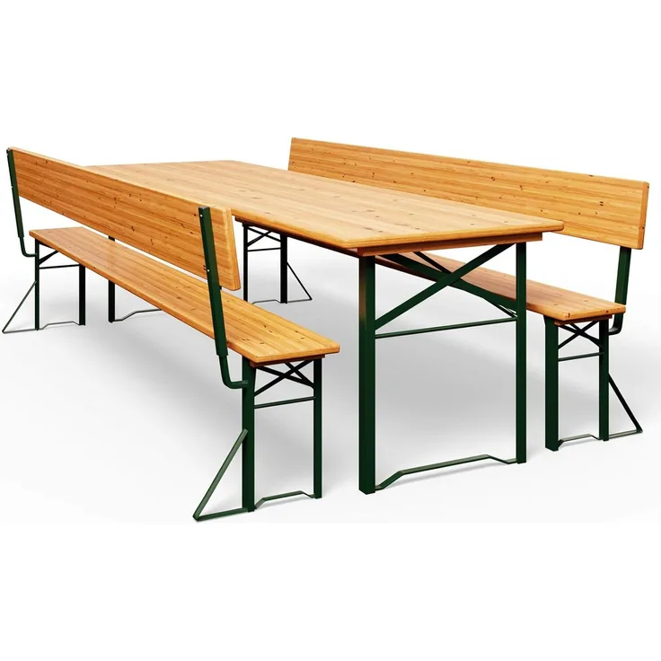 Casaria Bierzeltgarnitur mit Rückenlehne, 3-teilig, klappbar, Holz natur / Stahl grün, 170 x 70 x 75 cm