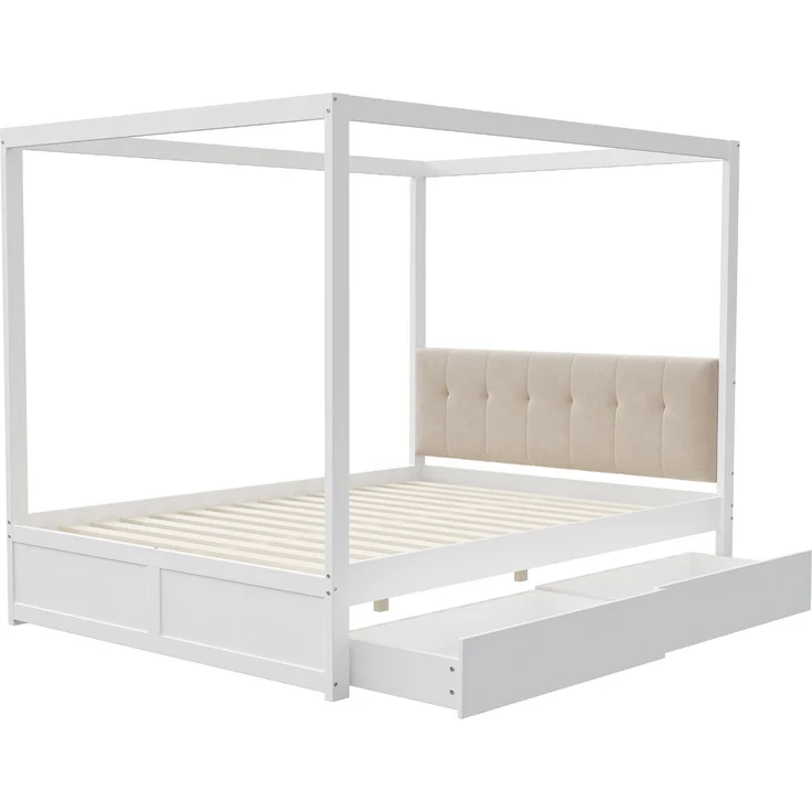 Zeltbett 140×200 cm mit gepolsterter Rückenlehne und 2 Schubladen –Weiß,Holz/Metall – Bild 6