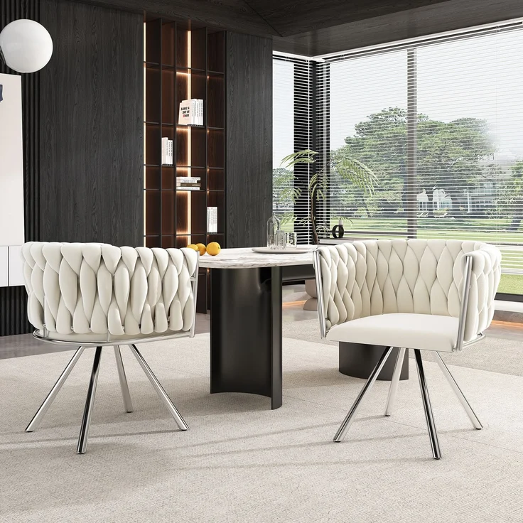 Merax Samt-Esszimmerstuhl, 2er set, Schlafzimmer-Drehstuhl, 360° drehbar Freizeit-Drehstuhl mit vier Stützbeinen aus Metall, beige+Silber – Bild 2