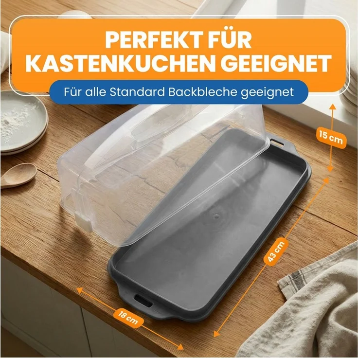 EUROHOME Kuchentransportbox Kuchencontainer - Transportbox für Kastenkuchen mit Tragegriff, Kunststoff, (1-tlg, Kuchenhaube 43 x 18 x 15 cm), Tortenglocke für Königskuchen aus Kunststoff – Bild 4