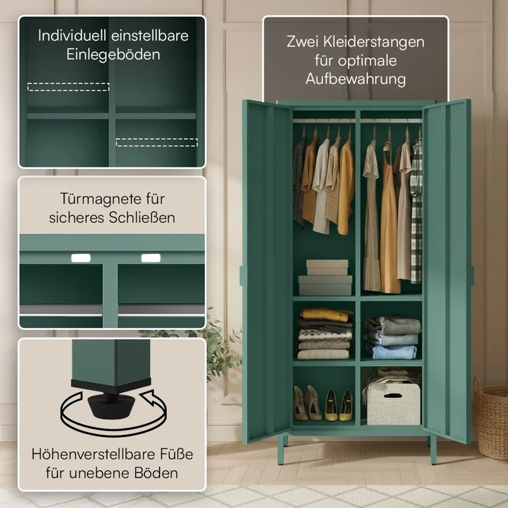 skølm 'Ituri' Kleiderschrank, Metall, 170x45x80 cm, dunkelgrün, Garderobe mit 4 Fächern und 2 Kleiderstangen – Bild 3