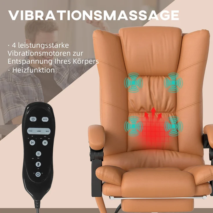 MELAYR, Massage-Bürostuhl, Schreibtischstuhl mit Heizfunktion, Drehstuhl, Liegefunktion, 64 x 70 x 118 cm, Braun – Bild 6