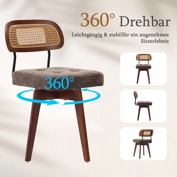 LVHOM 2er-Set Esszimmerstühle 360° Drehstuhl, Polsterstuhl in Rattan-Optik mit Chenille Kissen, stabiler Küchenstuhl mit Metallbeinen, Braun – Bild 4
