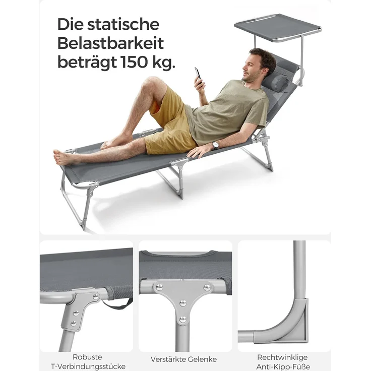 SONGMICS Sonnenliege, 2er Set, Liegestuhl, bis 250 kg belastbar, 193 x 53 x 29 cm, mit Sonnendach und Verstellbarer Rückenlehne GCB19UV1-2 – Bild 7
