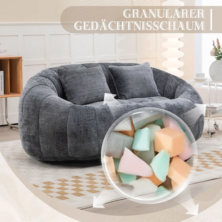 Sitzsack Sofa Lounger Chenille Grau, 150x95x63 cm, bis 150 kg – Bild 5