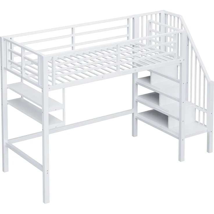 Kinder Hochbett 90x200 cm Metall mit Regalen Stauraum Leiter und Spielbereich unter dem Bett Weiss – Bild 7