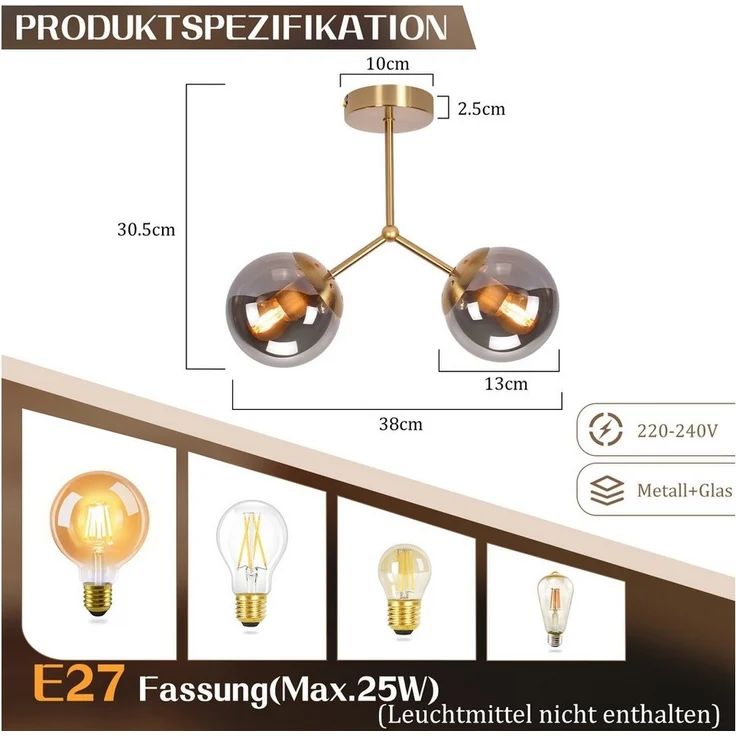 Nettlife Deckenleuchte Glas Schwarz Vintage 3/5 flammig E27 Industrial Flurlampe, LED wechselbar, Deckenlampe für Wohnzimmer Schlafzimmer – Bild 2