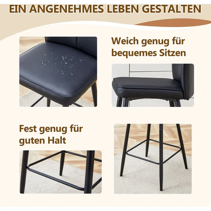 101 cm hohes 2-teiliges Set Barhocker aus schwarzem PU-Material: Ergonomische Rückenlehne, komfortabel und stilvoll.--Schwarz--44x44x101cm--YOUDENOVA – Bild 5