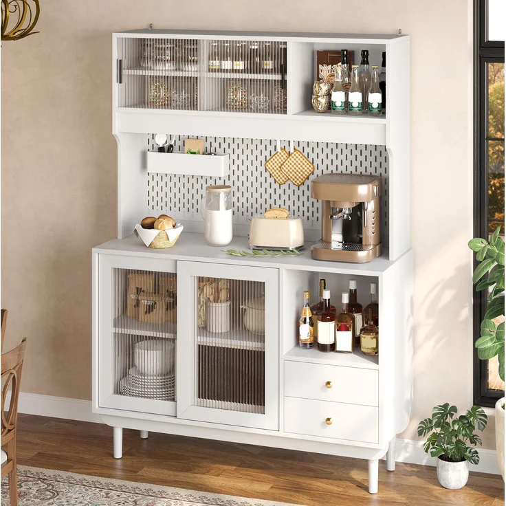 DESVIAE Sideboard Weiß aus MDF/Spanplatte – 117x170x30 cm – Riffelglas-Schiebetüren – Bild 4