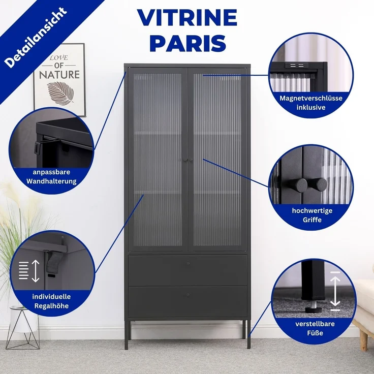 Mein-Regal Vitrine Paris aus Metall mit Schubladen und Glastüren Schwarz – Bild 3