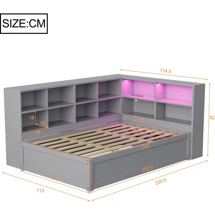 Bett 90x200 cm aus Massivholz mit Stauraum und LED-Beleuchtung – Bild 7
