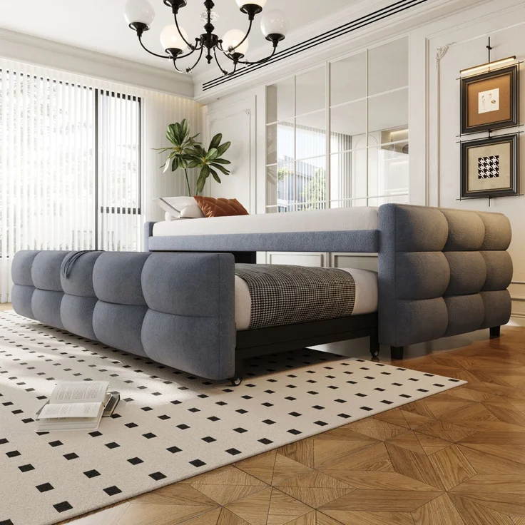 ZUBALIYA Schlafsofa 90x180 cm, ausziehbare Liegefläche, Lattenrost, Leiter, mit Teddy-Stoffbezug, Grau, ohne Matratze – Bild 3
