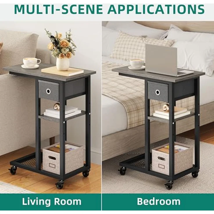 YITAHOME 2PCS Beistelltisch, C-Form Sofatisch mit Rollen und Schublade，Wohnzimmertisch für Kaffee und Laptop，für Wohnzimmer, Schlafzimmer，50 x 30 x 67 cm, Grau – Bild 7