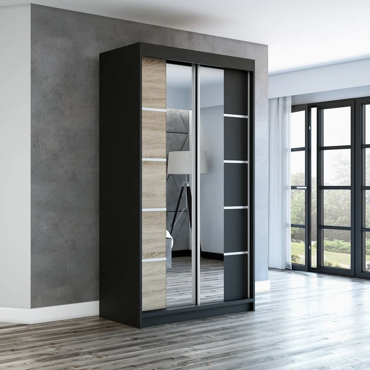 Schwebetürenschrank ERA 2-türig Schrank 120 cm (mit Spiegel) Farbe: Schwarz , sonoma – Bild 2