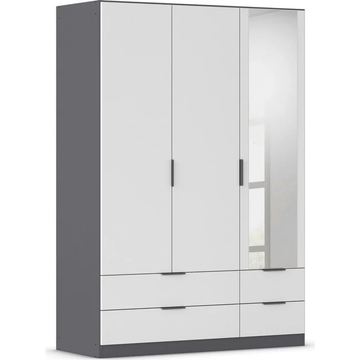 Rauch Möbel Lagoa, Kleiderschrank, Garderobe für Schlafzimmer, Kinderzimmer, Jugendzimmer 3-türig mit Spiegel, 4 Schubladen, mit Zubehör Premium, Farbe Weiß/Grau metallic, Schwarz, Breite 136 – Bild 1