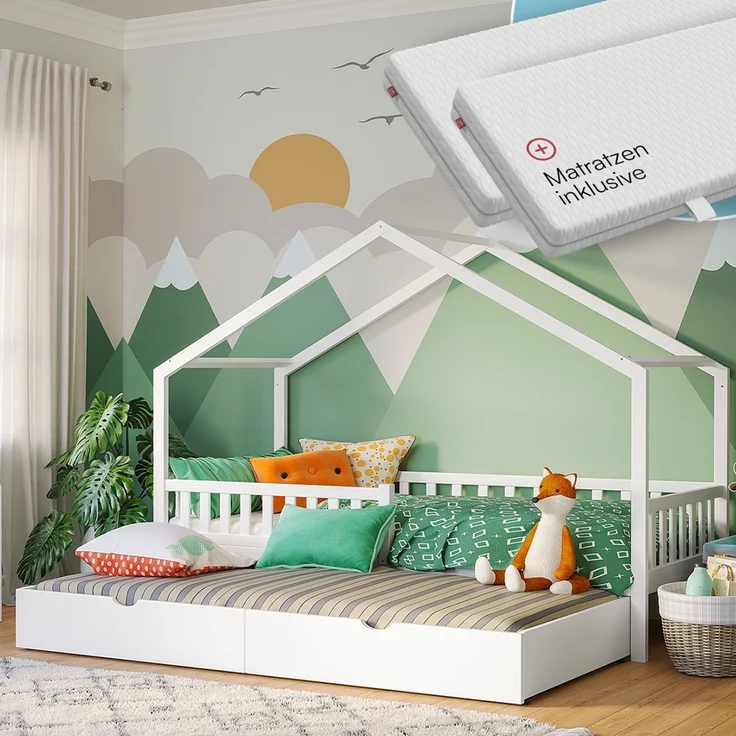 Bellabino 'Vils' Hausbett 90x200 cm mit Gästebett 90x190 cm und 2 Matratzen, weiß, Kiefer Massivholz, Montessori Kinderbett mit Ausziehbett, inkl. Rausfallschutz und Lattenrost – Bild 1