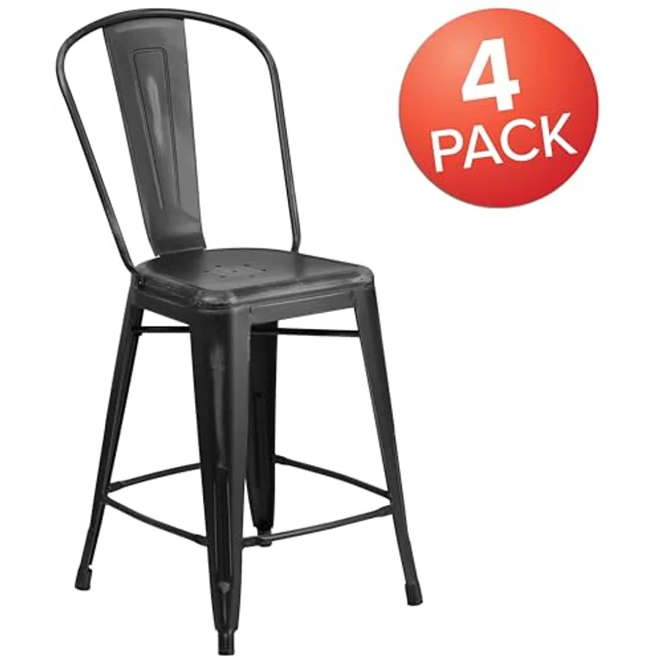 Flash Furniture Blake Commercial Grade 4 Stück 61 cm hoher Hocker aus schwarzem Metall für drinnen und draußen mit Rückenlehne – Bild 5