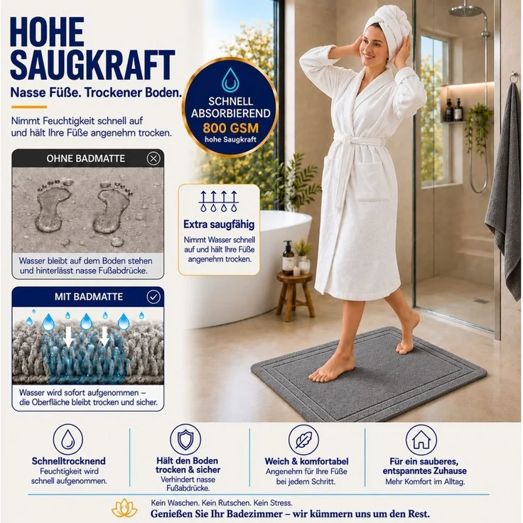 Komfortec Badematte Badvorleger aus 100% Baumwolle, Rechteckig, 800 g/m² – Bild 4