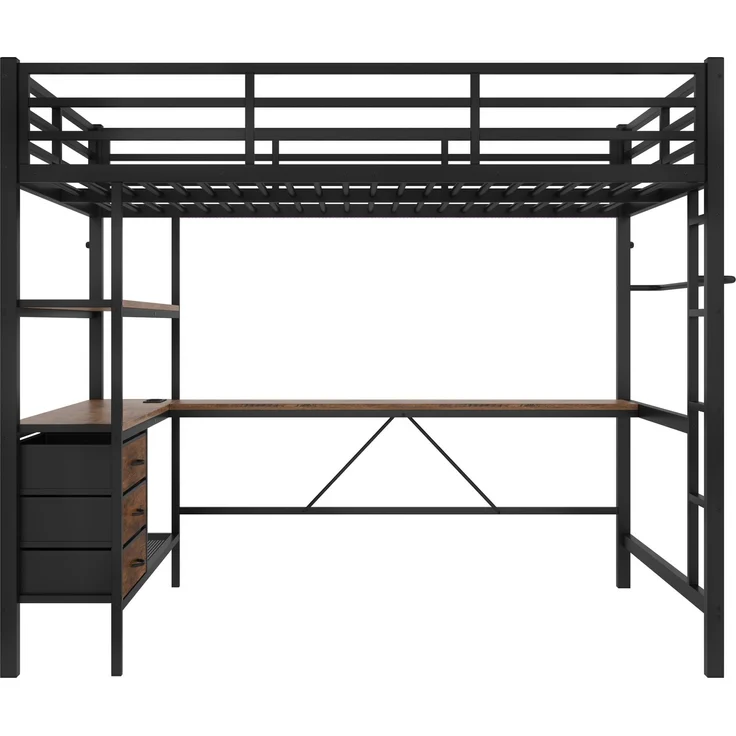 Hochbett, 140*200cm , Mit LED-Leuchten, Schreibtisch, Steckdose + USB, 3 Schubladen, Regale, Geländer, Treppe, ohne Matratze, Schwarz – Bild 10