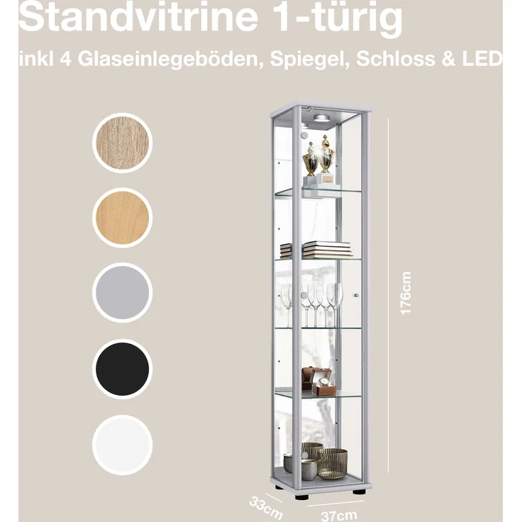 K-Mbel Sammlervitrine (176x37x33cm) - Made in Germany - Vitrinenschrank Silber / Alu mit 4 hhenverstellbaren Glasbden, Spiegel, Schloss & LED - Glasvitrine Stehend - Display Cabinet – Bild 3