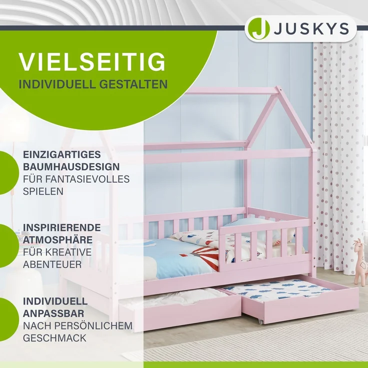 Juskys 'Marli' Kinderbett mit Matratze, Bettkasten, Rausfallschutz, Lattenrost & Dach - Massivholz Hausbett für Kinder - Bett in Rosa, 80x160 cm – Bild 4