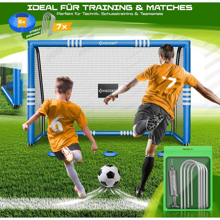 KESSER® Fußballtor für Garten robustes Outdoor Training Schusstraining UV-beständigem Netz, Stahlrahmen mit Polsterung, Erdhaken, Luftpumpe, Hüttchen, Montagezubehör für Kinder und Erwachsene Blau, 300cm, Ohne Torwand – Bild 6
