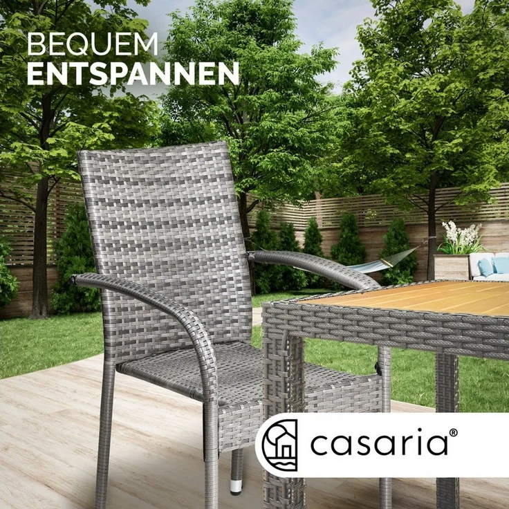 CASARIA 4-tlg. Gartenstuhl-Set, stapelbar & wetterfest, Polyrattan mit Armlehne, bis 160 kg belastbar, Grau – Bild 2