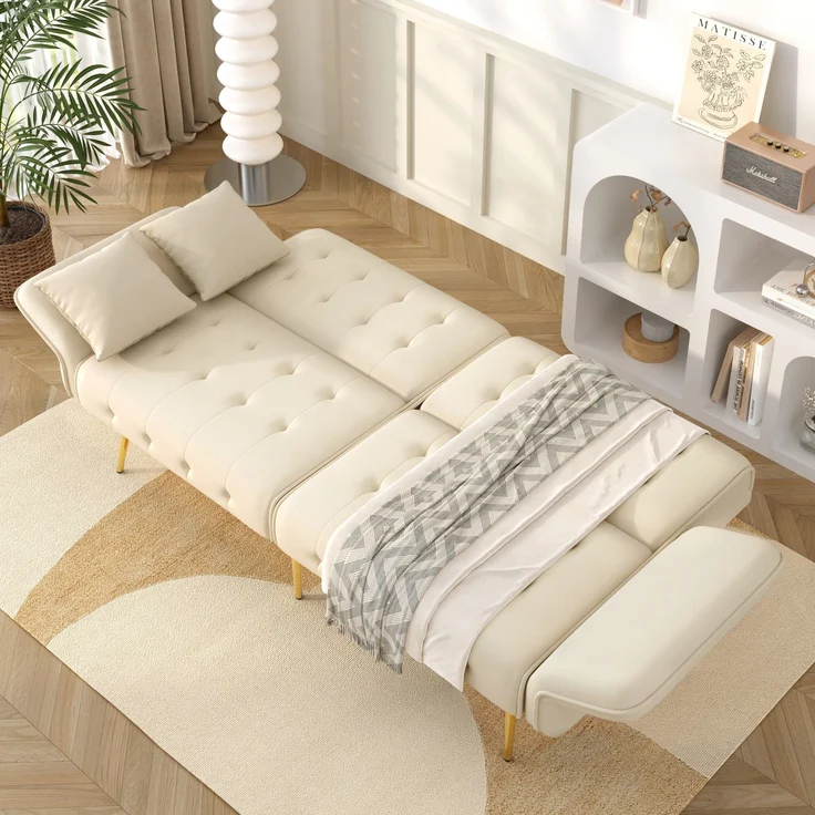 Sofabett 2-in-1 Samt,Zweisitzer mit verstellbarer Rückenlehne & Armlehnen, zum Gästebet,Beige – Bild 5