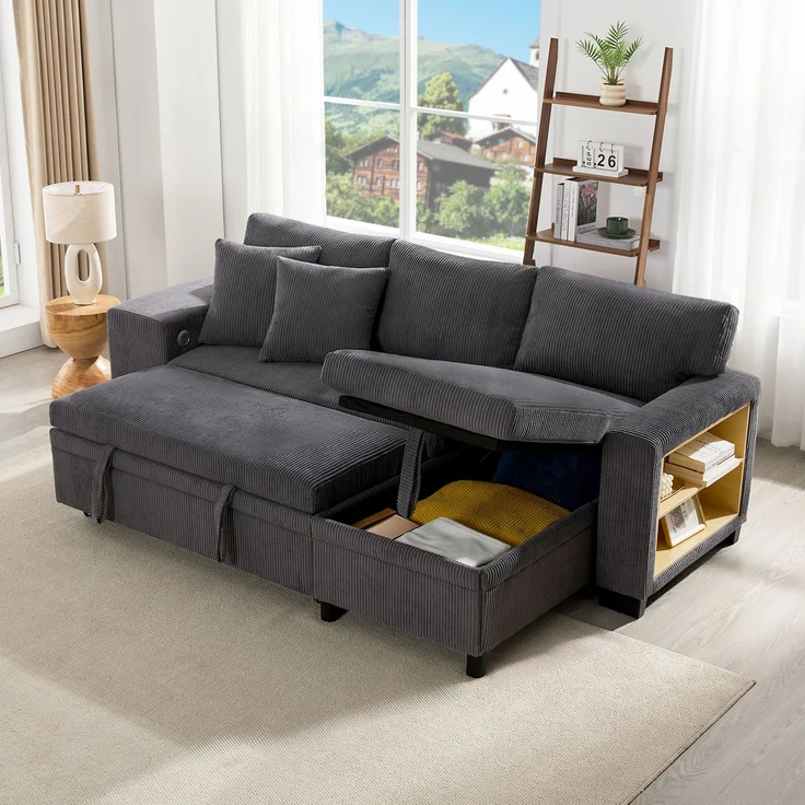 Schlafsofa 231×131,5×84 cm mit Schlaffunktion, Stauraum und USB/Typ-C Cordstoff Grau, modulare L‑Form – Bild 4