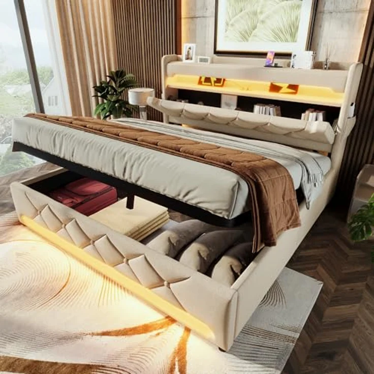 FAVSH Polsterbett Doppelbett 90x200 cm, Stauraumbett Bett mit USB Type-C Port und Einstellbar Stauraum Kopfteil, LED Hydraulisches Bett Stauraumbett Jugendbett,Leinen, ohne Matratze (Beige) – Bild 1
