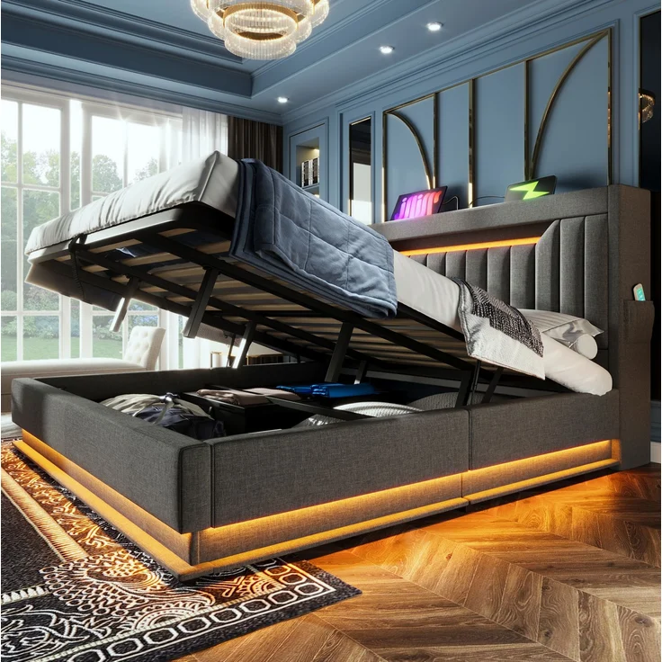 Polsterbett, Leinen mit LED, Stauraum & USB-Anschluss, 140x200 cm, Grau, mit Matratze – Bild 4