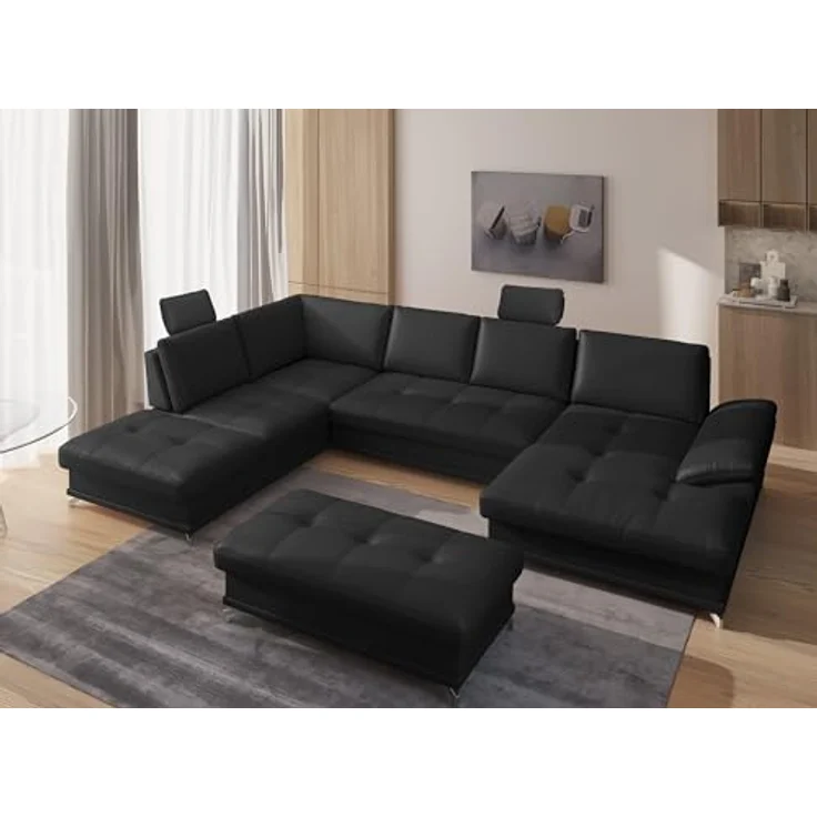 Cavadore Wohnlandschaft Castiel mit Federkern / Sofalandschaft mit großem Longchair, Sitztiefenverstellung, Kopfstützen und satinierten Metallfüßen / 363x89-104x223 / Echtleder, Schwarz – Bild 3
