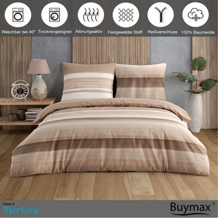 Buymax Bettwäsche Palermo, Renforcé: 100% Baumwolle, 2 teilig, 155x220 cm, Bettbezug-Set, mit Reißverschluss, Streifen, Braun-Beige – Bild 2
